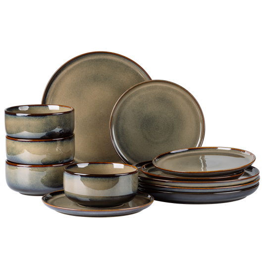 TheTerra Ceramic Dinnerware Sets for 4, 12 Pieces Handmade Reactive Glaze Plates and Bowls Set, Scratch Resistant Dish Set, Oven & Microwave & Dishwasher Safe