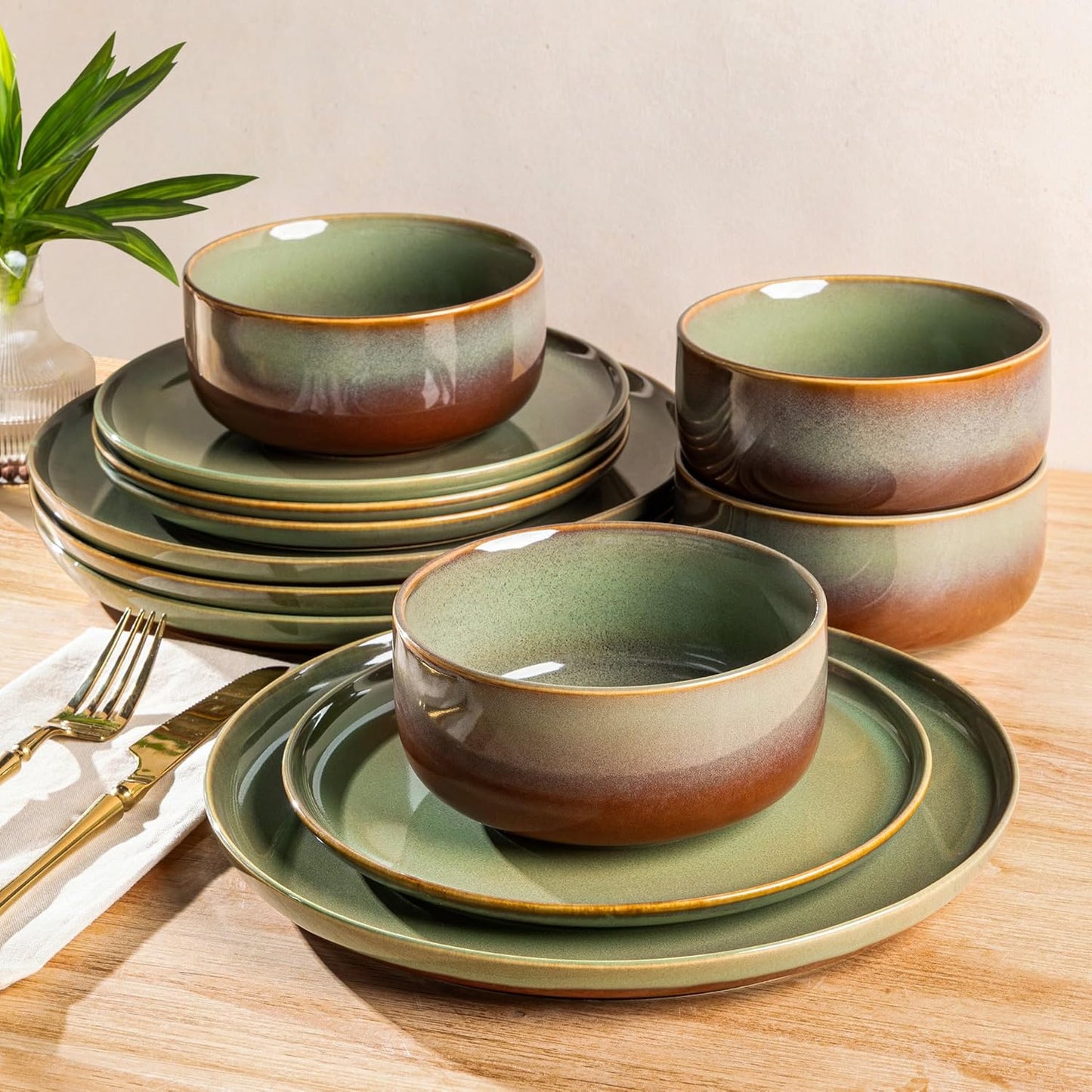 TheTerra 407  Dinnerware Sets for 4,Sage Umber