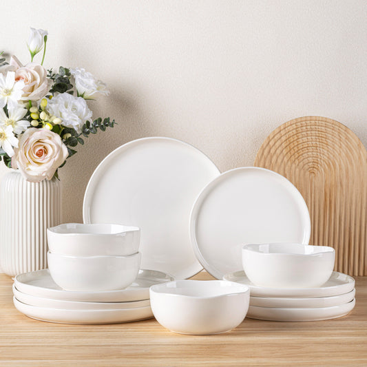 TheTerra Ceramic Dinnerware Sets for 4, 12 Pieces Porcelain Lightweight Plates and Bowls Sets, Scratch Resistant Dish Set, Oven & Microwave & Dishwasher Safe, Angel White